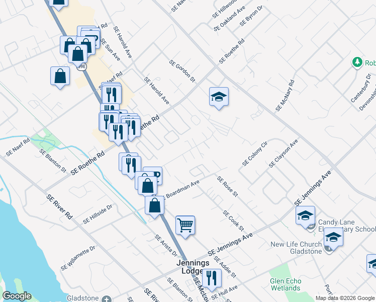 map of restaurants, bars, coffee shops, grocery stores, and more near 4802 Southeast Ina Avenue in Milwaukie