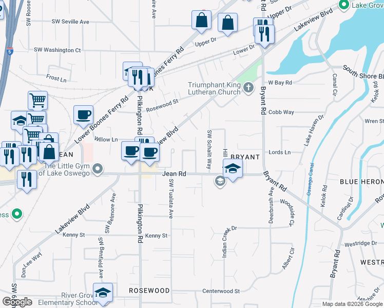 map of restaurants, bars, coffee shops, grocery stores, and more near 17750 Mardee Avenue in Lake Oswego