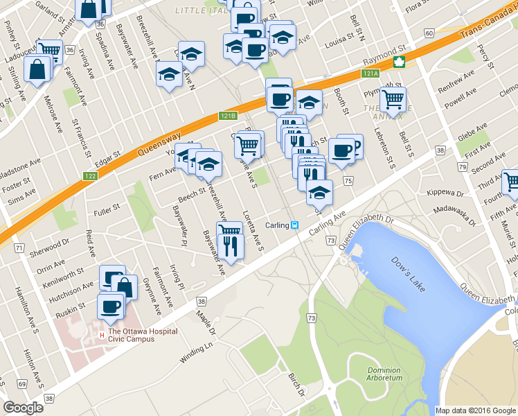 map of restaurants, bars, coffee shops, grocery stores, and more near in Ottawa