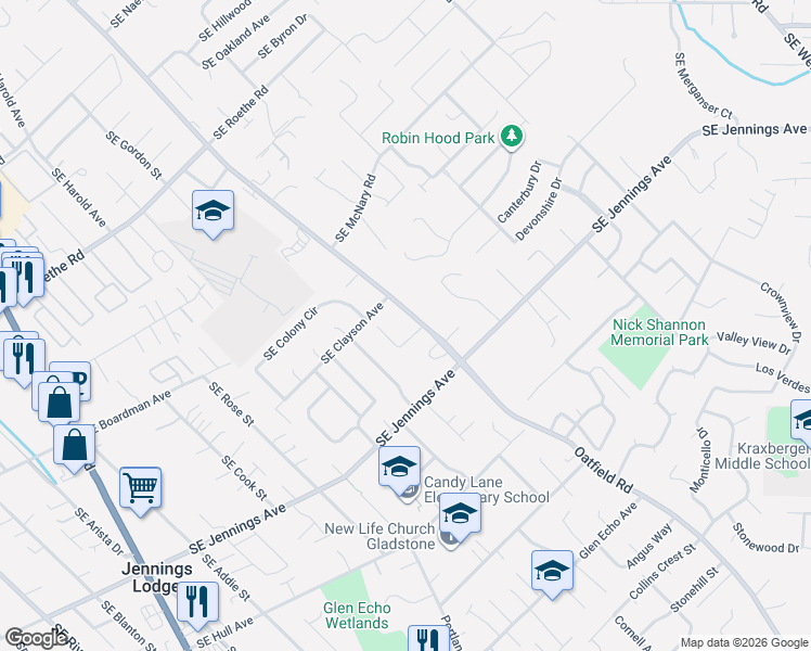 map of restaurants, bars, coffee shops, grocery stores, and more near 17243 Southeast Oatfield Road in Milwaukie