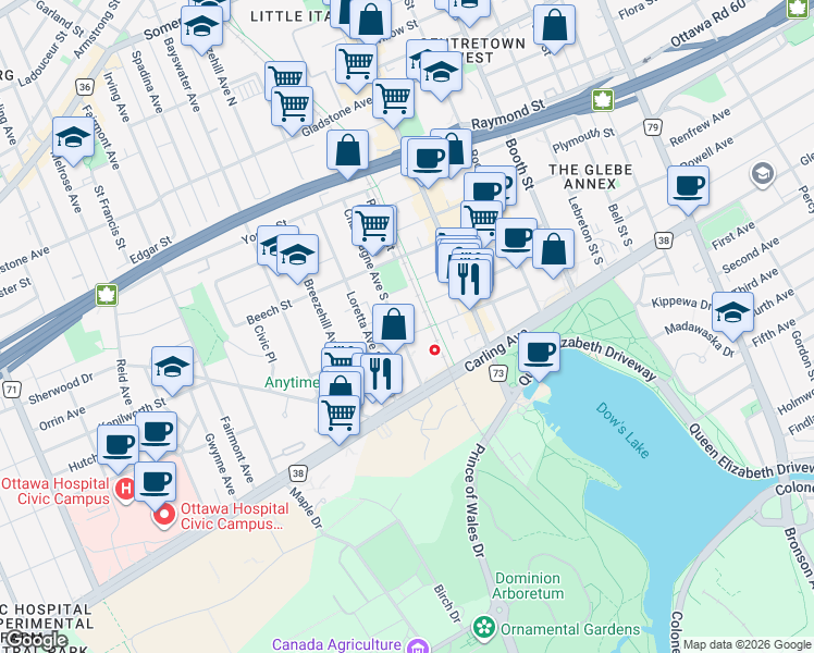 map of restaurants, bars, coffee shops, grocery stores, and more near 115 Champagne Avenue South in Ottawa