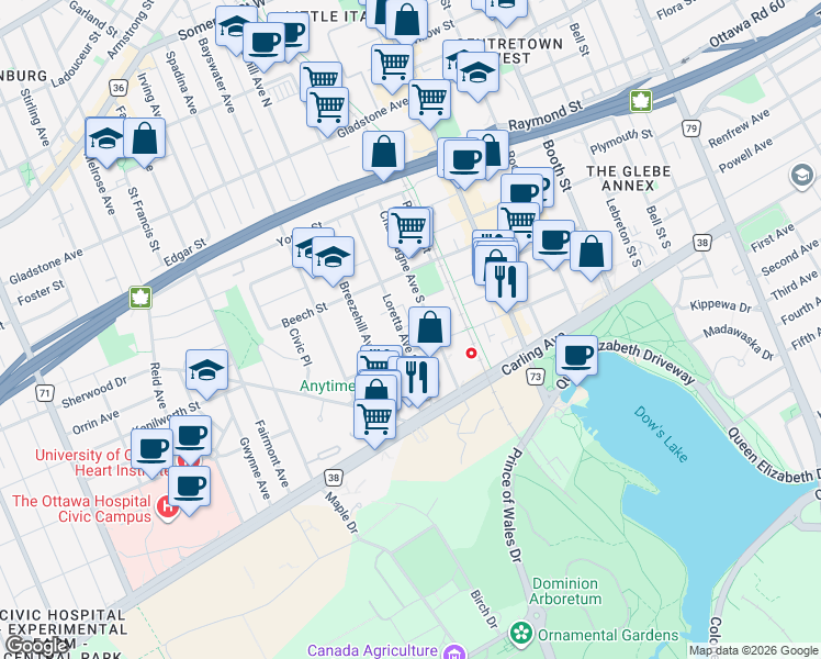 map of restaurants, bars, coffee shops, grocery stores, and more near 287 Loretta Avenue South in Ottawa