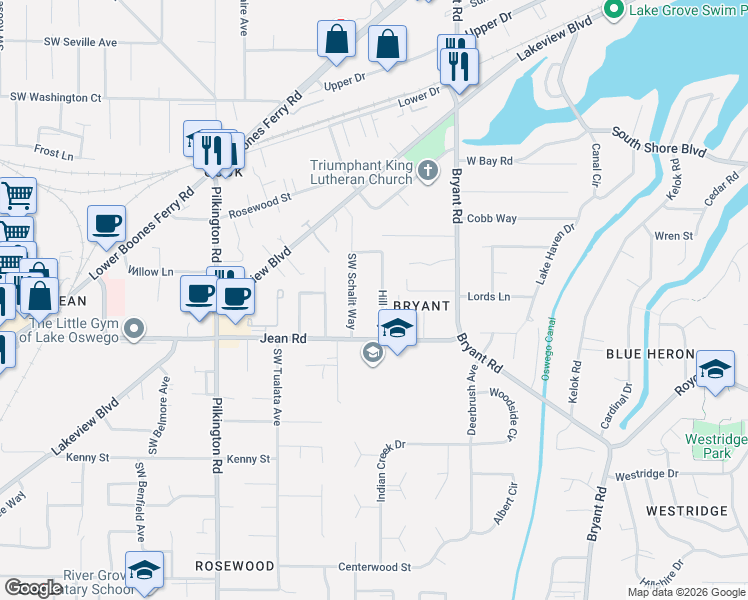 map of restaurants, bars, coffee shops, grocery stores, and more near 4801 Jean Road in Lake Oswego