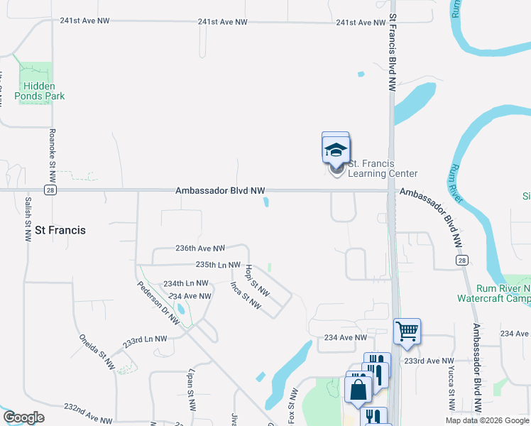 map of restaurants, bars, coffee shops, grocery stores, and more near 4300 Ambassador Boulevard Northwest in Saint Francis