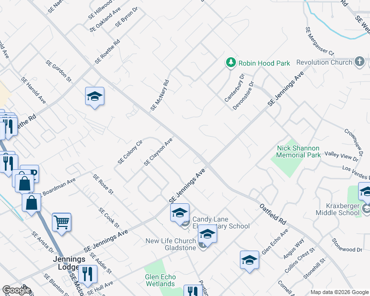 map of restaurants, bars, coffee shops, grocery stores, and more near 17265 Southeast Oatfield Road in Milwaukie