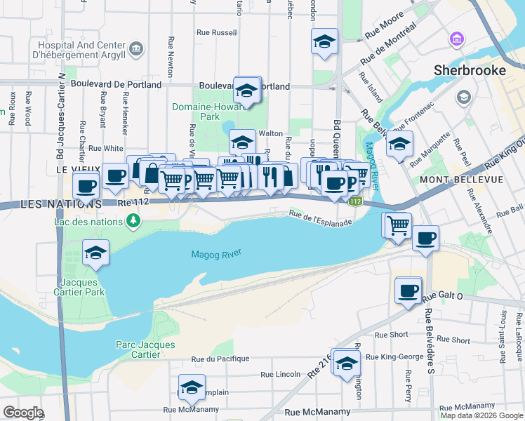 map of restaurants, bars, coffee shops, grocery stores, and more near 1151 Rue de l'Esplanade in Sherbrooke