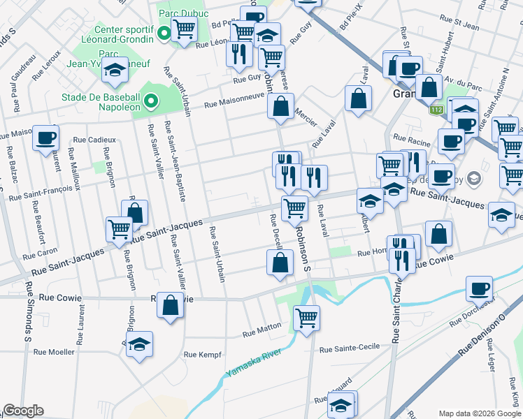 map of restaurants, bars, coffee shops, grocery stores, and more near 606 Rue Saint Jacques in Granby