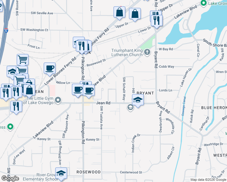 map of restaurants, bars, coffee shops, grocery stores, and more near 17750 Mardee Avenue in Lake Oswego