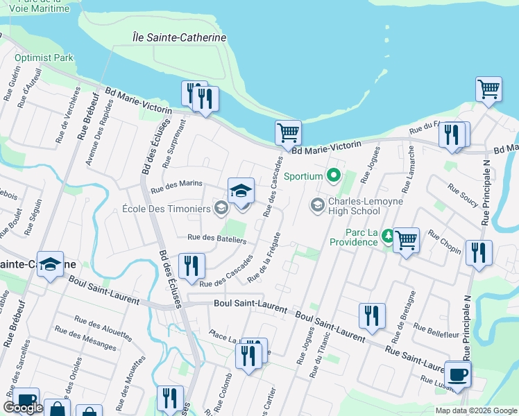 map of restaurants, bars, coffee shops, grocery stores, and more near 3605 Rue des Marins in Sainte-Catherine