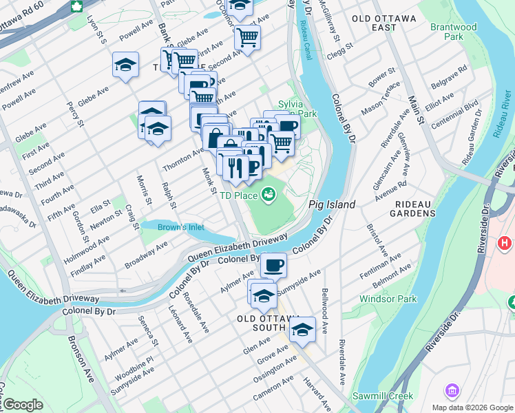 map of restaurants, bars, coffee shops, grocery stores, and more near 1015 Bank Street in Ottawa