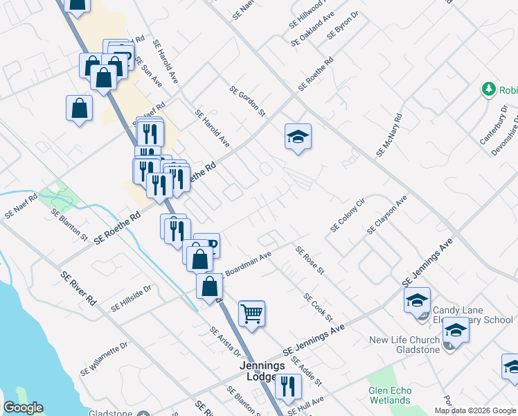 map of restaurants, bars, coffee shops, grocery stores, and more near 4857 Southeast Ina Avenue in Milwaukie