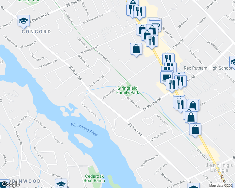map of restaurants, bars, coffee shops, grocery stores, and more near 17217 Southeast Blanton Street in Milwaukie