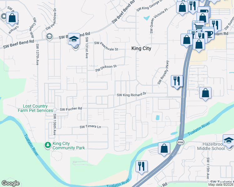 map of restaurants, bars, coffee shops, grocery stores, and more near 16690 Southwest Matador Lane in Tigard