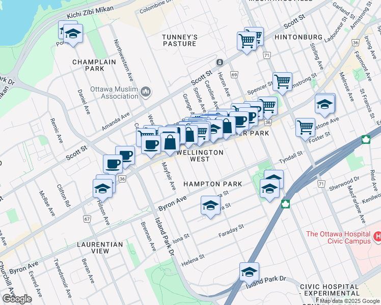 map of restaurants, bars, coffee shops, grocery stores, and more near 1340 Wellington Street West in Ottawa