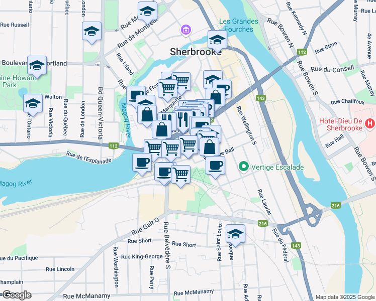 map of restaurants, bars, coffee shops, grocery stores, and more near Rue Camirand in Sherbrooke