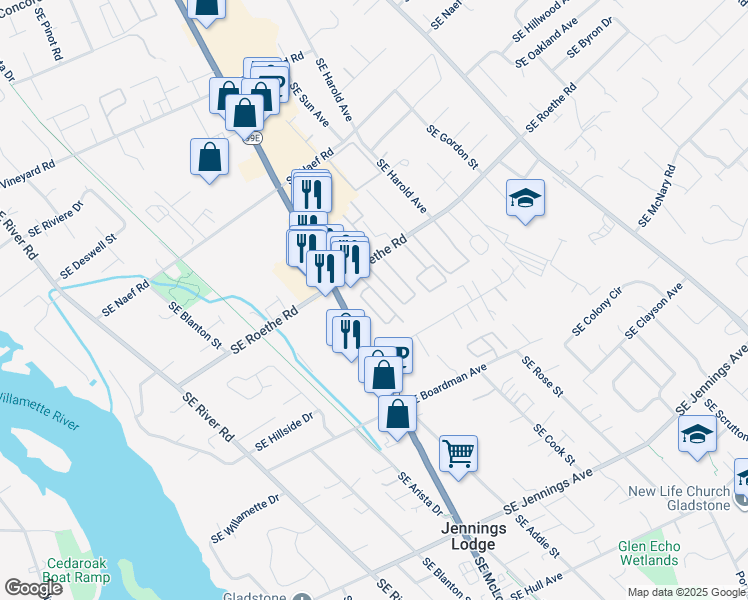 map of restaurants, bars, coffee shops, grocery stores, and more near 4400 Southeast Roethe Road in Milwaukie