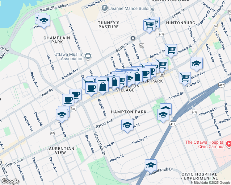 map of restaurants, bars, coffee shops, grocery stores, and more near 1340 Wellington Street West in Ottawa