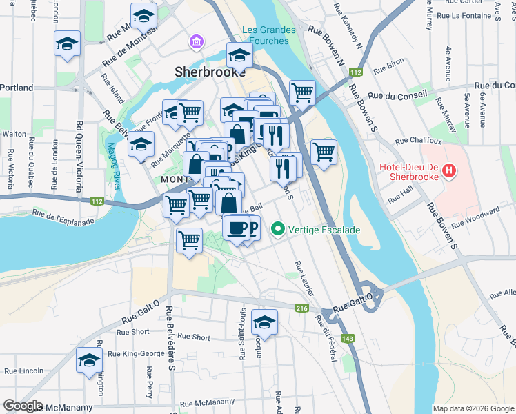 map of restaurants, bars, coffee shops, grocery stores, and more near Rue Brooks in Sherbrooke