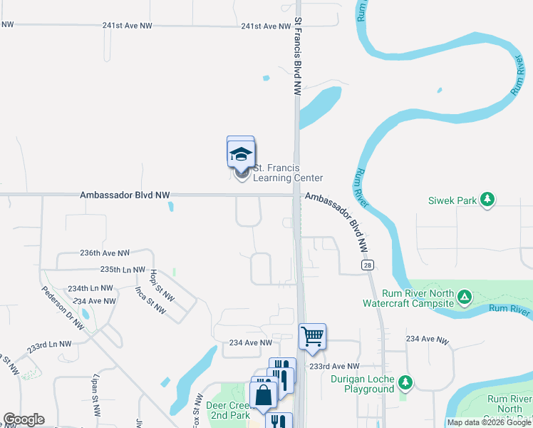 map of restaurants, bars, coffee shops, grocery stores, and more near 23693 Dakotah Street Northwest in Saint Francis