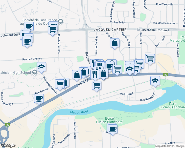 map of restaurants, bars, coffee shops, grocery stores, and more near 2785 Rue King Ouest in Sherbrooke