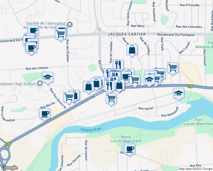 map of restaurants, bars, coffee shops, grocery stores, and more near 2785 Rue King Ouest in Sherbrooke