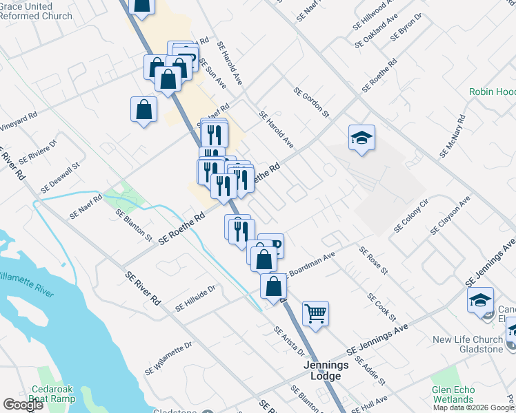 map of restaurants, bars, coffee shops, grocery stores, and more near 4400 Southeast Roethe Road in Milwaukie