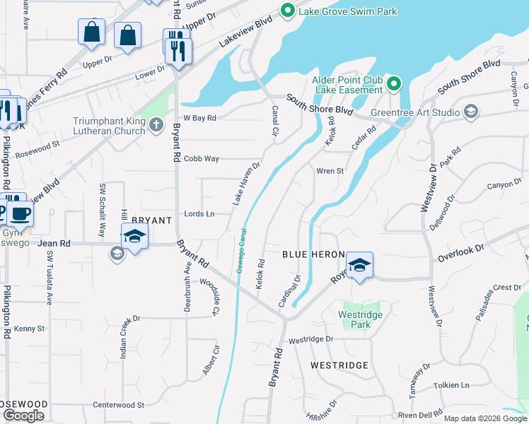 map of restaurants, bars, coffee shops, grocery stores, and more near 17575 Kelok Road in Lake Oswego