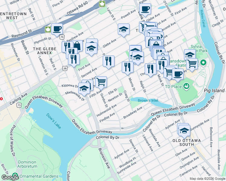 map of restaurants, bars, coffee shops, grocery stores, and more near in Ottawa