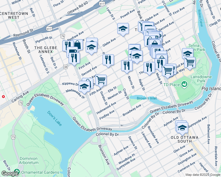 map of restaurants, bars, coffee shops, grocery stores, and more near in Ottawa