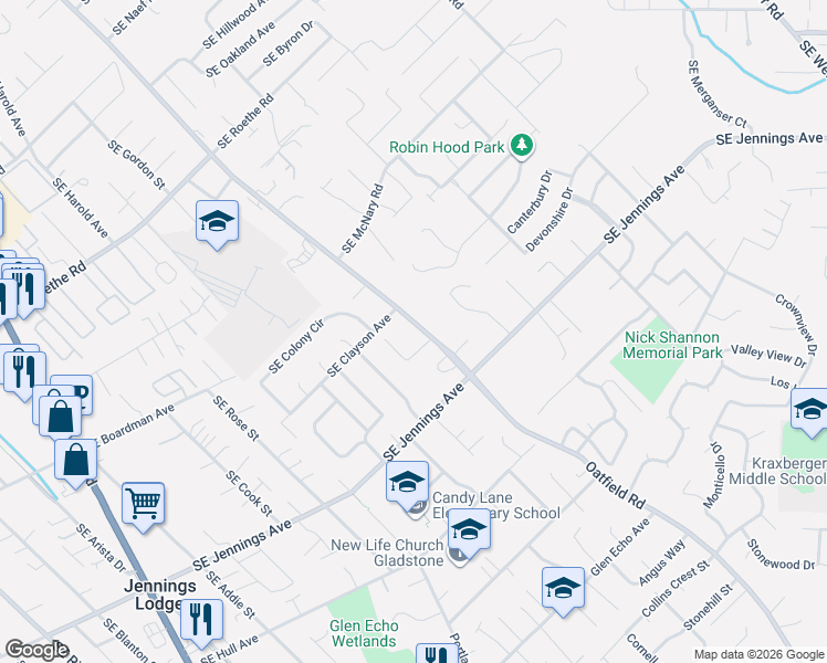 map of restaurants, bars, coffee shops, grocery stores, and more near 17243 Southeast Oatfield Road in Milwaukie