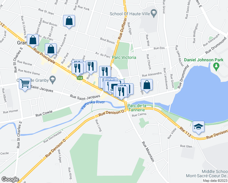 map of restaurants, bars, coffee shops, grocery stores, and more near 77 Rue Principale in Granby