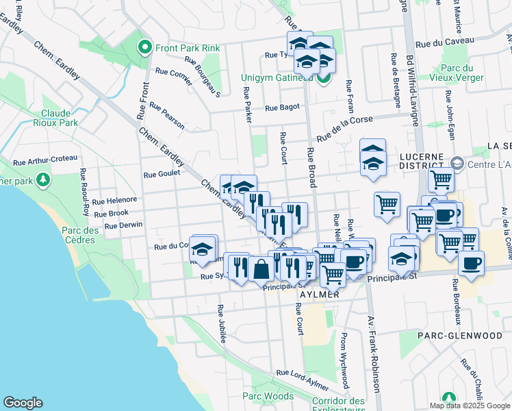 map of restaurants, bars, coffee shops, grocery stores, and more near Rue Parker in Gatineau