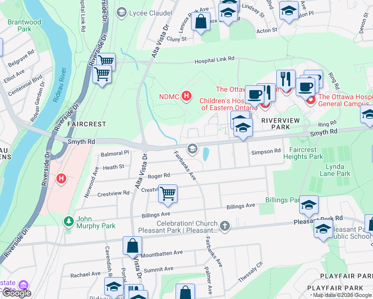 map of restaurants, bars, coffee shops, grocery stores, and more near 2 Remembrance Crescent in Ottawa