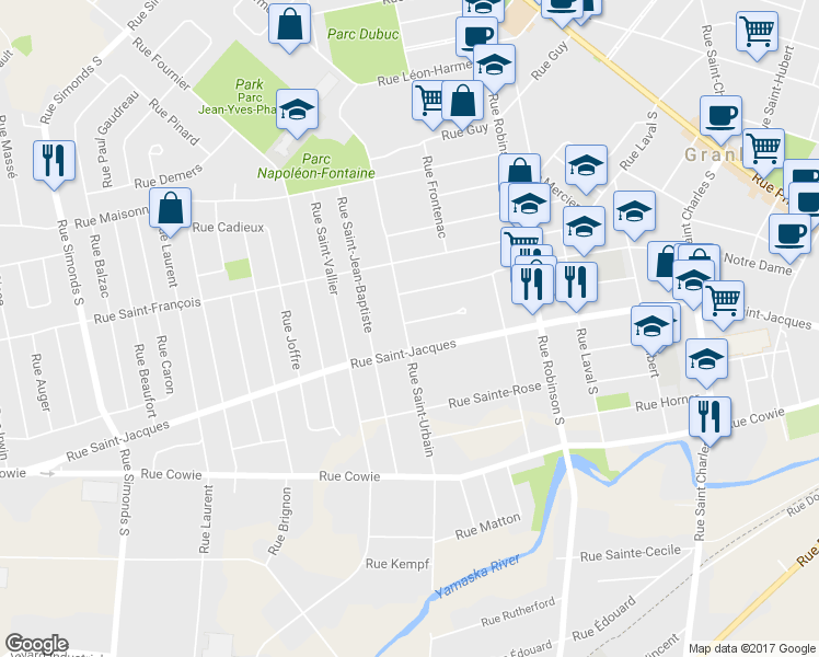 map of restaurants, bars, coffee shops, grocery stores, and more near 129 Rue Saint Urbain in Granby