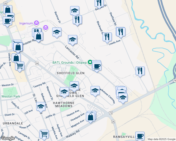 map of restaurants, bars, coffee shops, grocery stores, and more near 2615 Lancaster Road in Ottawa