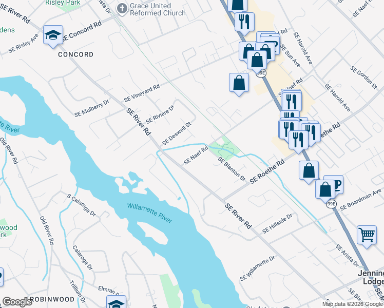 map of restaurants, bars, coffee shops, grocery stores, and more near 3422 Southeast Flat Tail Lane in Milwaukie