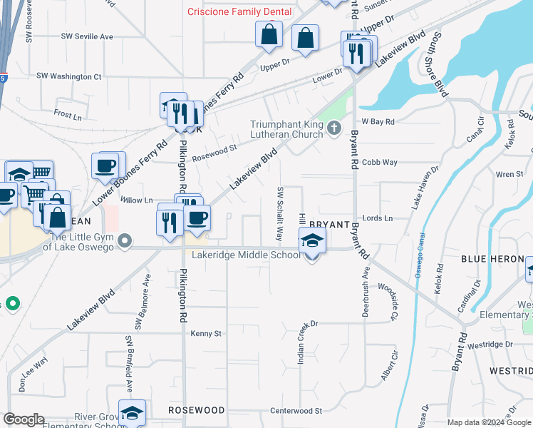 map of restaurants, bars, coffee shops, grocery stores, and more near 17570 Mardee Avenue in Lake Oswego