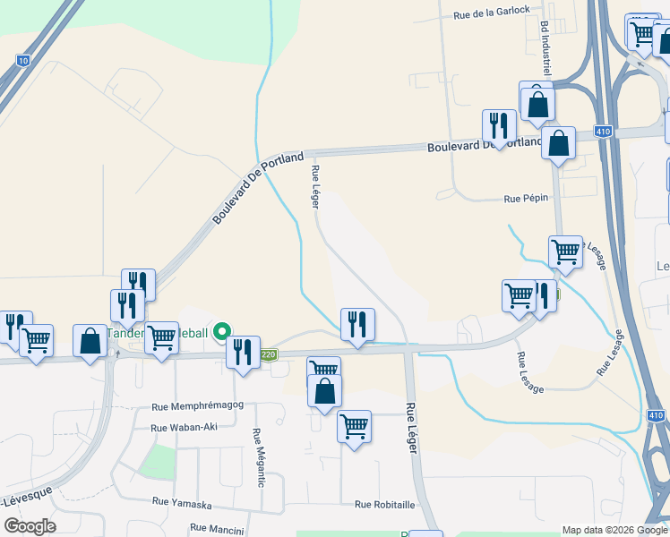 map of restaurants, bars, coffee shops, grocery stores, and more near 373 Rue Léger in Sherbrooke