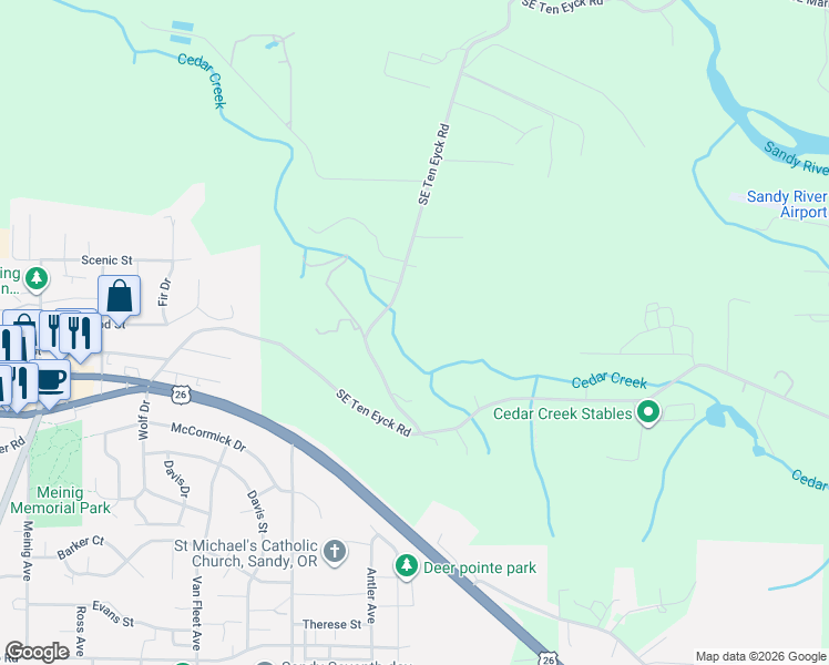 map of restaurants, bars, coffee shops, grocery stores, and more near 17150 Southeast Ten Eyck Road in Sandy