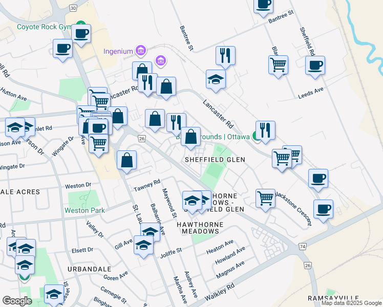 map of restaurants, bars, coffee shops, grocery stores, and more near 2450 Southvale Crescent in Ottawa