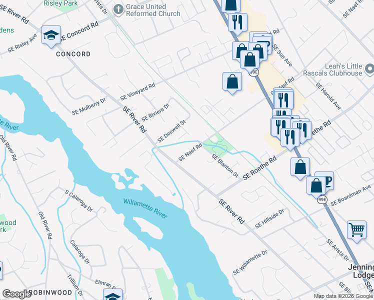map of restaurants, bars, coffee shops, grocery stores, and more near 3422 Southeast Flat Tail Lane in Milwaukie