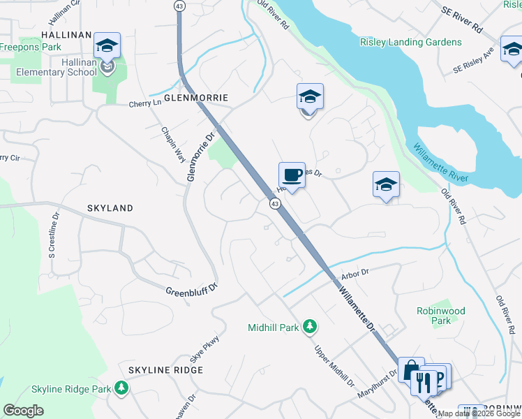 map of restaurants, bars, coffee shops, grocery stores, and more near 17310 Brookhurst Drive in Lake Oswego