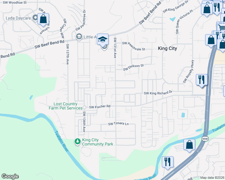 map of restaurants, bars, coffee shops, grocery stores, and more near 13203 Southwest Macbeth Drive in Tigard