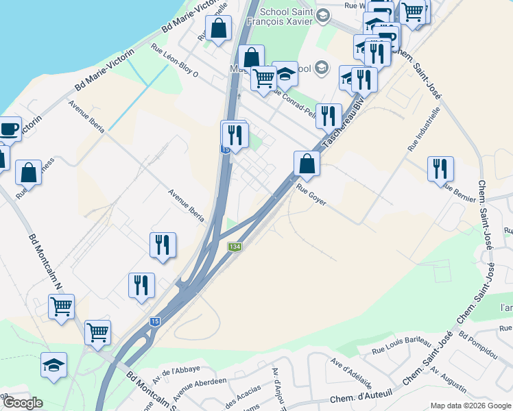 map of restaurants, bars, coffee shops, grocery stores, and more near 60 Place Papineau in Candiac