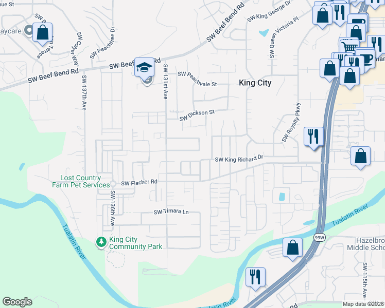 map of restaurants, bars, coffee shops, grocery stores, and more near 16730 Southwest Jordan Way in King City