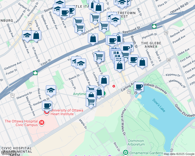 map of restaurants, bars, coffee shops, grocery stores, and more near 285 Loretta Avenue South in Ottawa