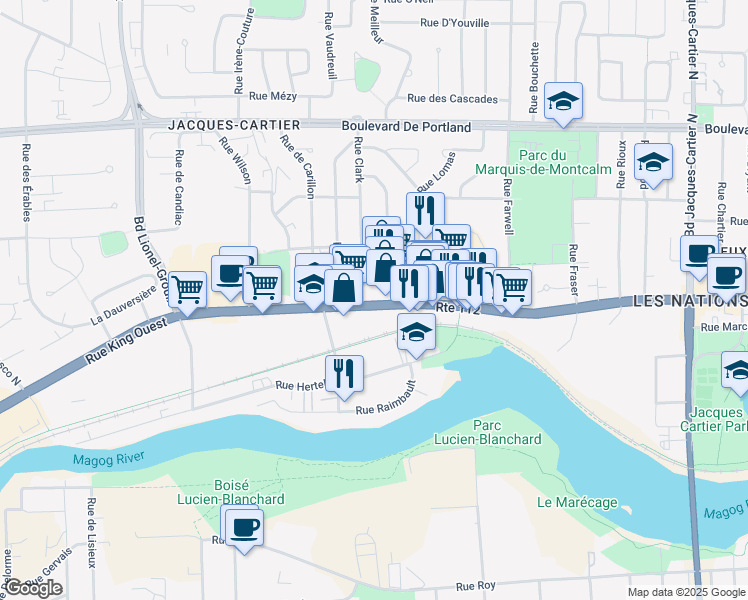 map of restaurants, bars, coffee shops, grocery stores, and more near 53 Rue Cate in Sherbrooke