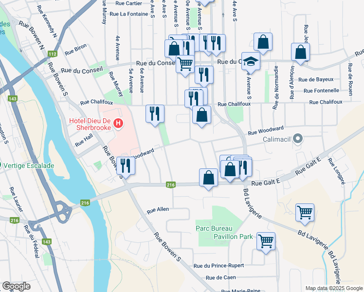 map of restaurants, bars, coffee shops, grocery stores, and more near 700 Rue Woodward in Sherbrooke