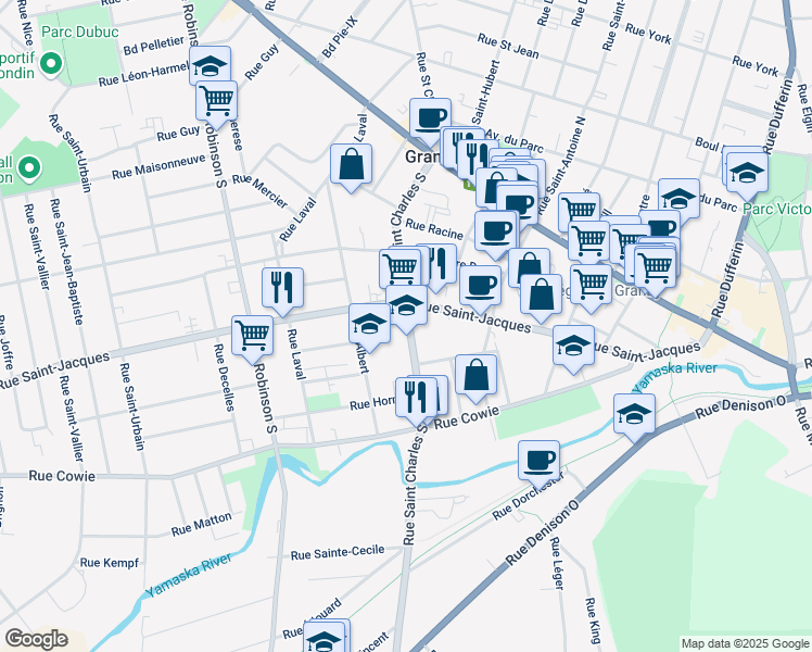 map of restaurants, bars, coffee shops, grocery stores, and more near 138 Rue Saint Charles Sud in Granby