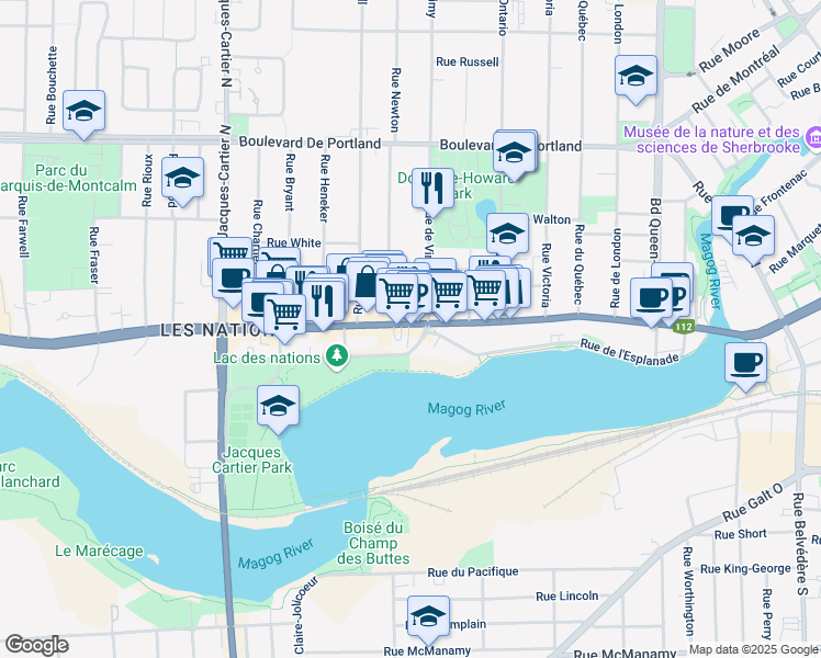 map of restaurants, bars, coffee shops, grocery stores, and more near 1422 Rue King Ouest in Sherbrooke